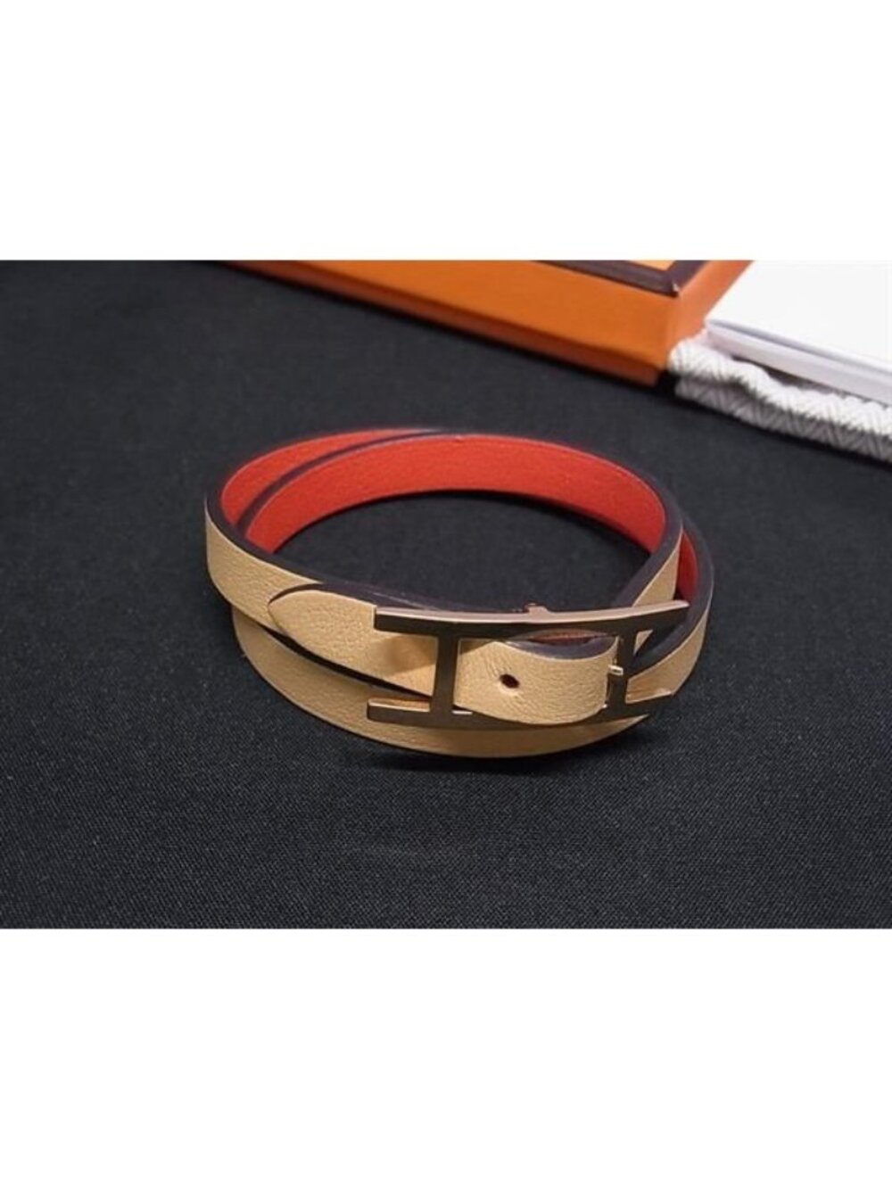 Hermes Hapi 3 Leather Gold Bracelet Beige